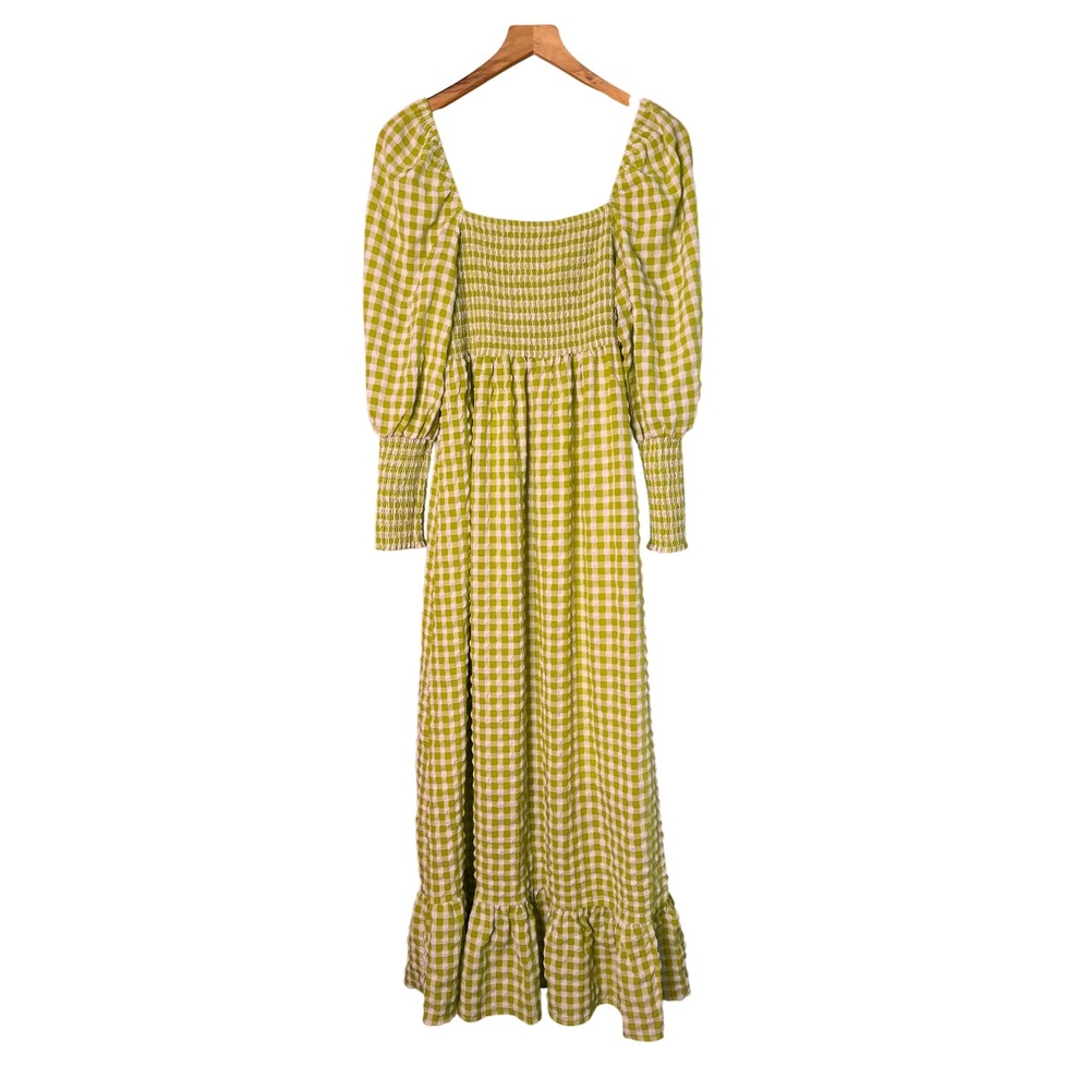 Ghospell Lime Green Gingham Smocked Maxi Dress Square Neck Puff Sleeve Medium